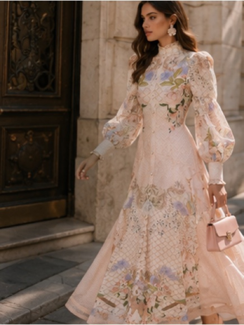 Delicate Pink Floral High-Neck Long Sleeve Midi Dress